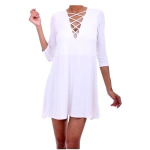 Women’s White 3/4 Sleeve Criss-Crossed Strapped V-Neck Mini Dress